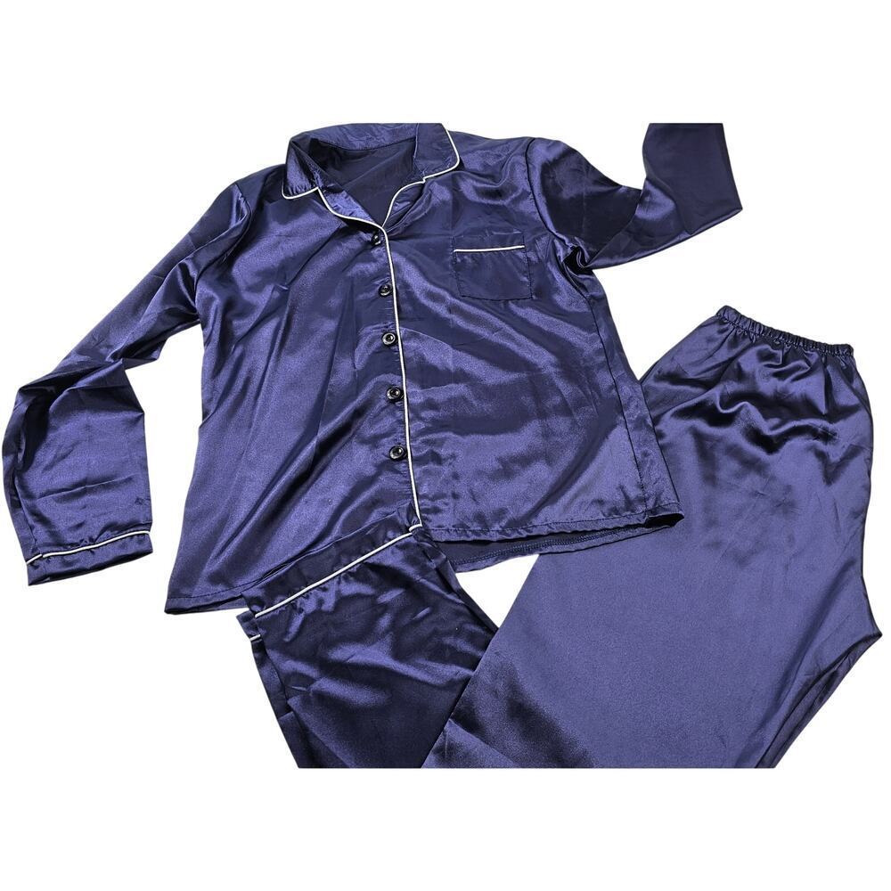 XL lounge sleep set silky navy blue button front elastic waist wode leg NWOT